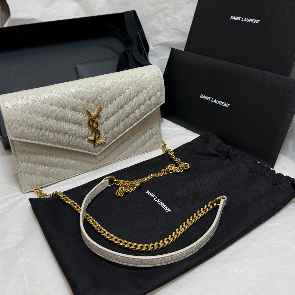 Saint Laurent Cassandre Envelope Chain Wallet WOC Ivory GHW - Picture 2 of 15